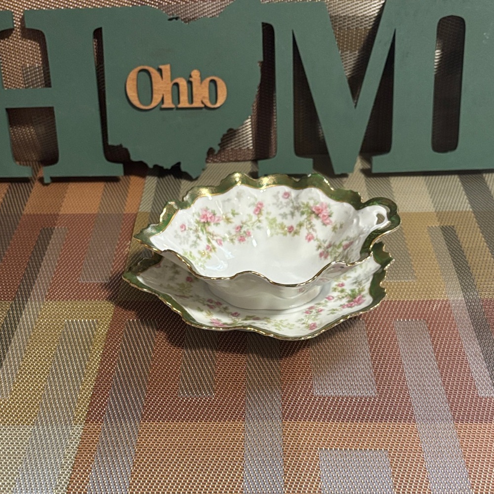 Vintage Austrian Floral Gold-Trimmed Porcelain Bowl & Under Plate